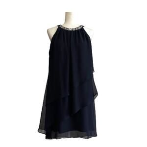 Jessica Howard Cocktail Dress Navy Blue Chiffon Rhinestone Neck Layered Size 6